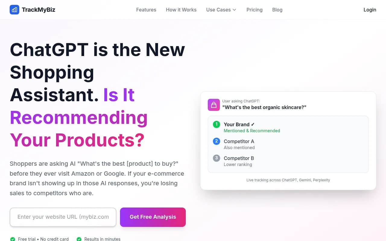 TrackMyBusiness dashboard showing AI product recommendation tracking across ChatGPT, Gemini, and Perplexity