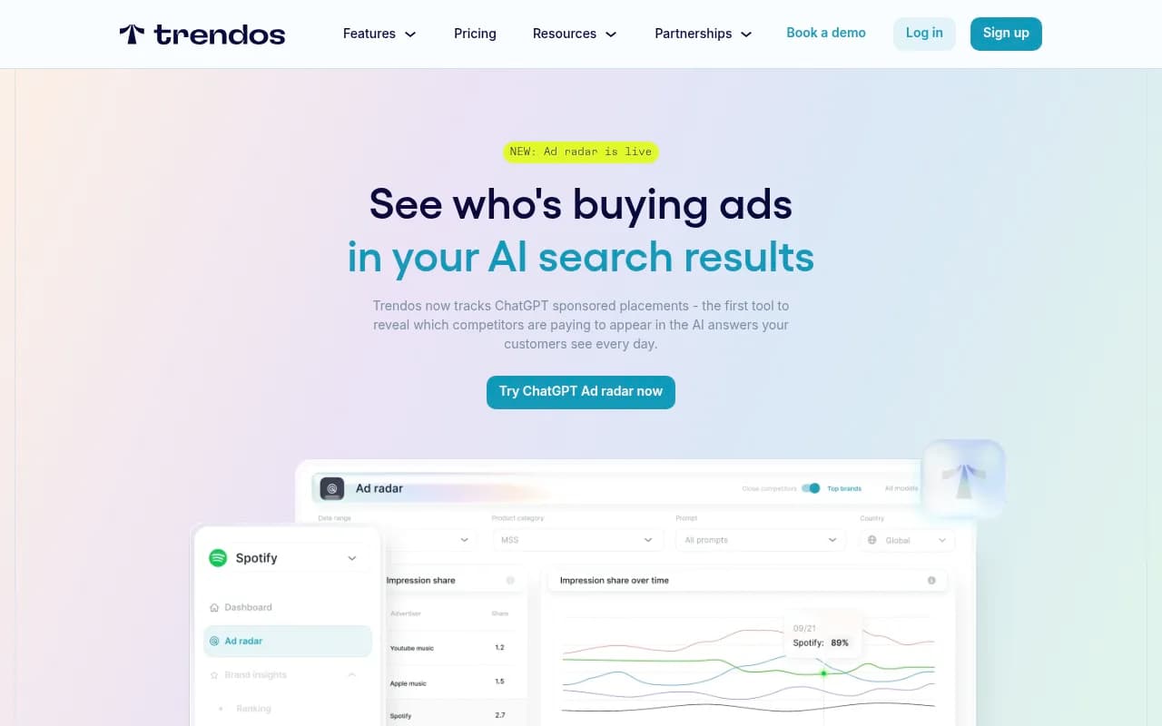 Trendos Ad Radar landing page showing tracked ChatGPT sponsored placement data points
