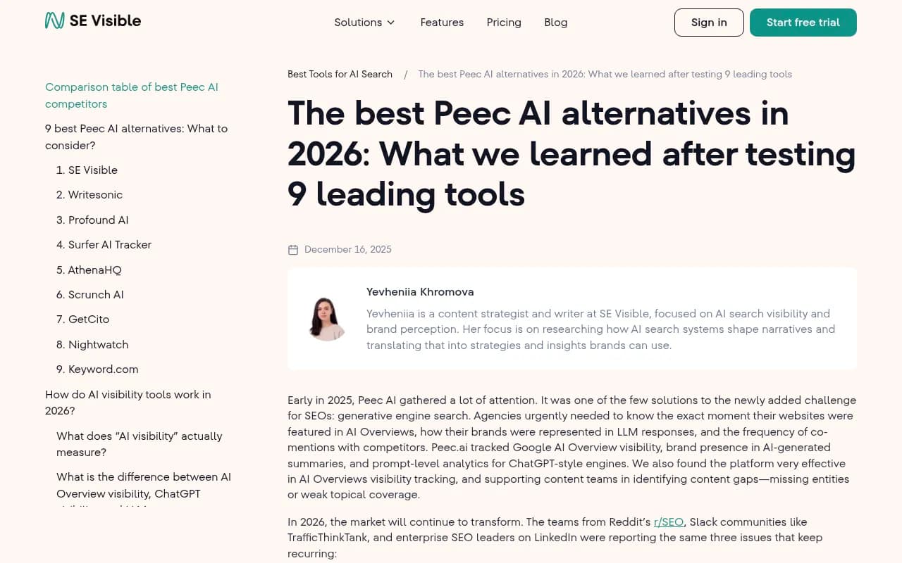 SE Ranking's Peec AI alternatives guide, showing a comparison of AI visibility tools