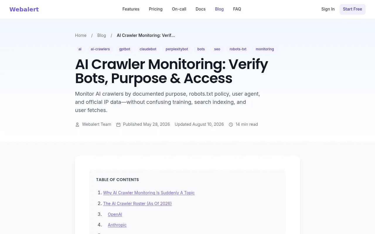 Webalert guide on monitoring AI crawlers by documented purpose, robots.txt policy and official IP data