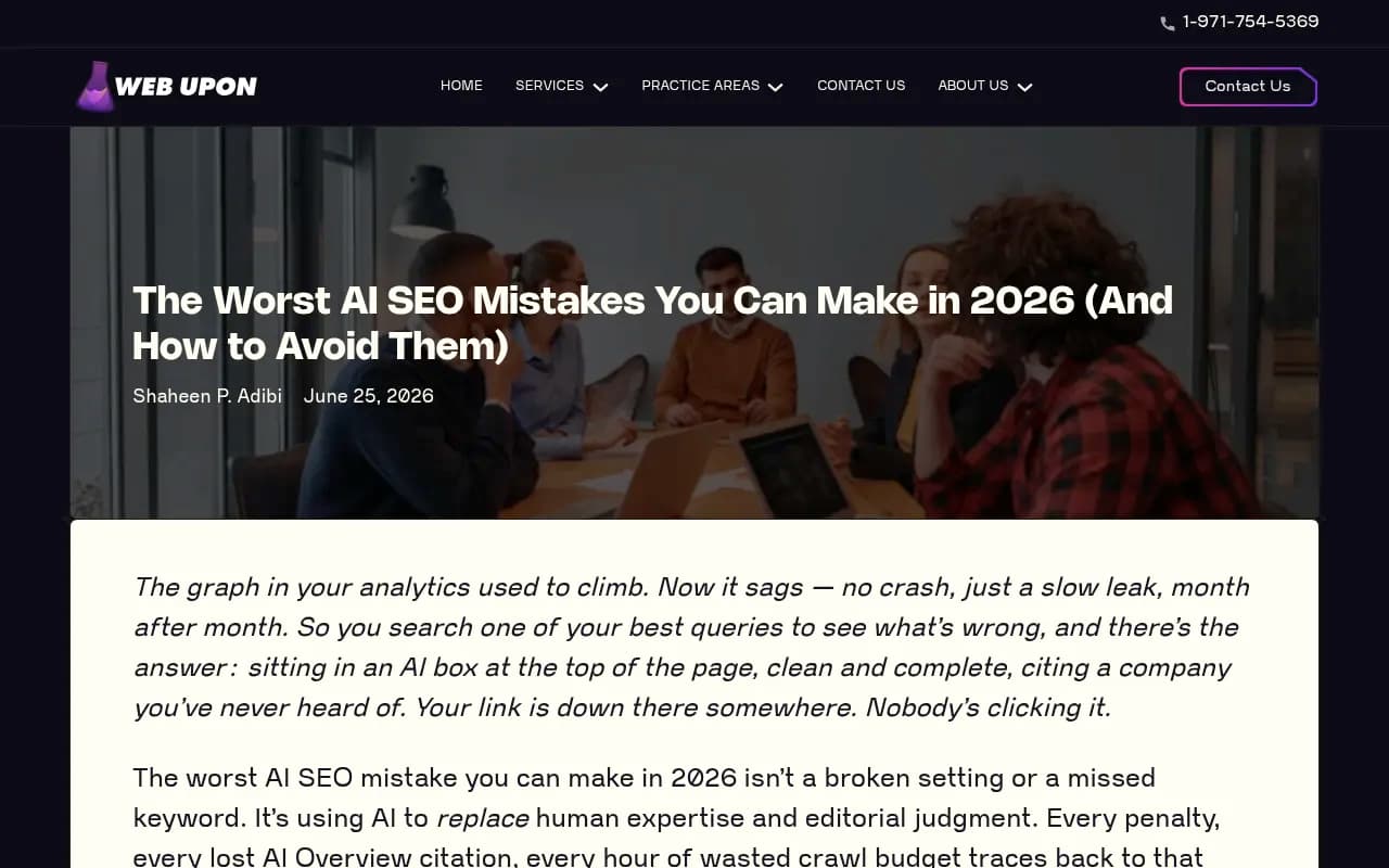 Overview of the worst AI SEO mistakes in 2026 from Webupon's research