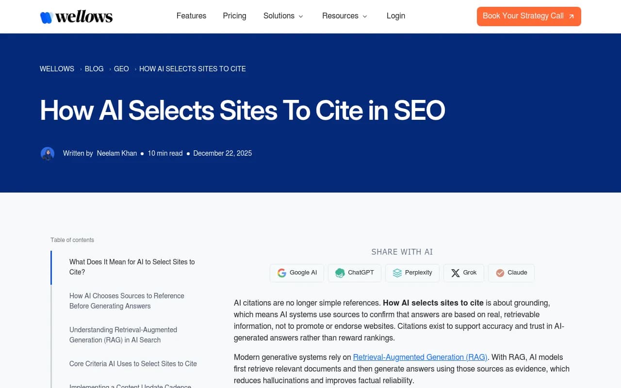 How AI Selects Sites To Cite in SEO - Wellows (2026 Guide)