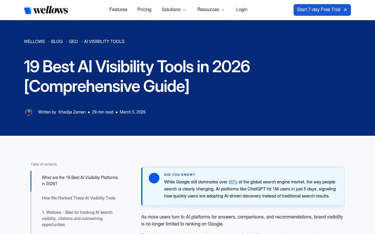 Wellows AI visibility tools guide showing their platform's approach to tracking and outreach