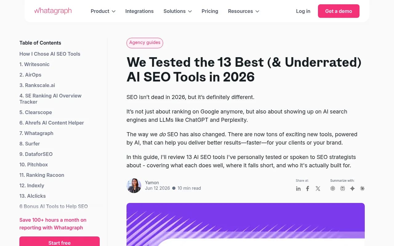Whatagraph's roundup of AI SEO tools tested in 2026