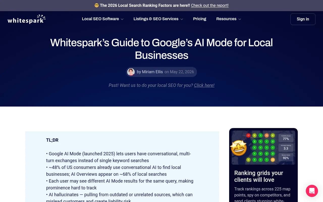 Whitespark's guide to Google AI Mode for local businesses, showing how conversational AI is changing local search