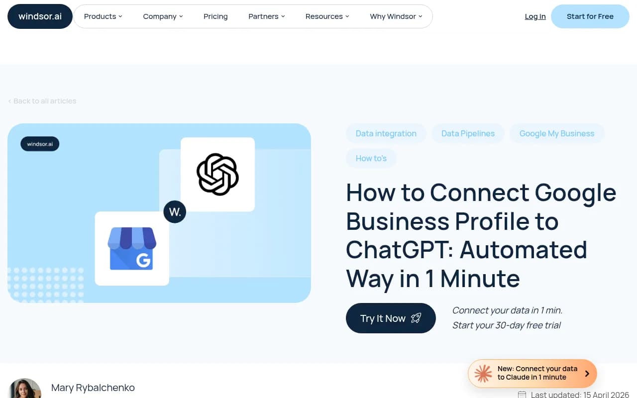 Windsor.ai interface showing how to connect Google Business Profile data to ChatGPT for AI-powered analytics