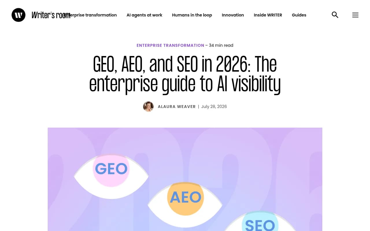 The Writer enterprise guide to GEO, AEO, and SEO in 2026, covering AI visibility strategy and measurement