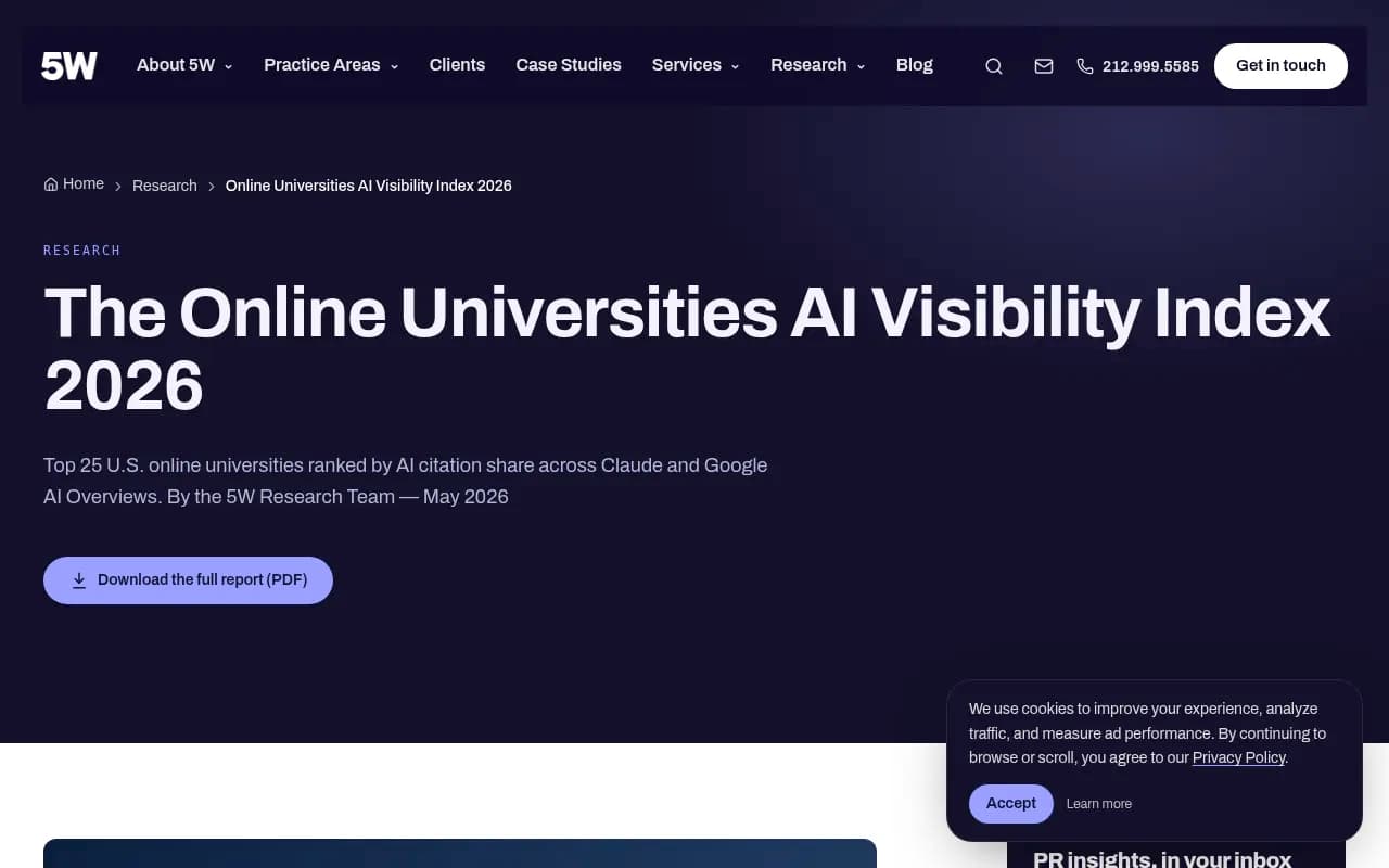 5W PR's Online Universities AI Visibility Index ranks the top 25 US online schools by AI citation share