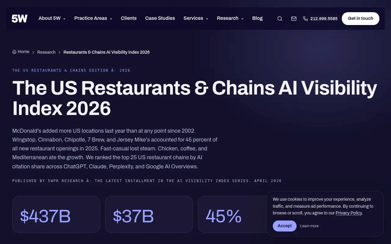 US Restaurants AI Visibility Index 2026 research report cover from 5WPR