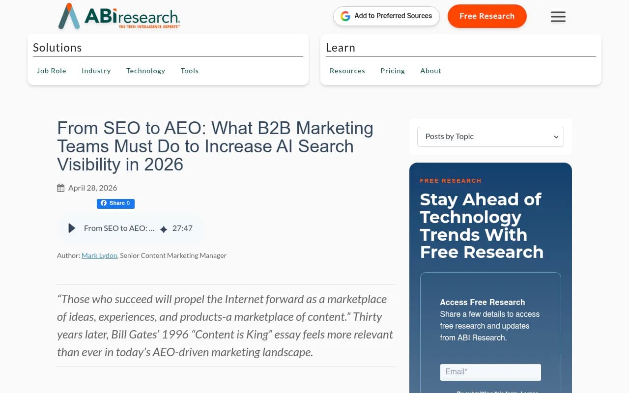 ABI Research article on moving from SEO to AEO for B2B marketing teams