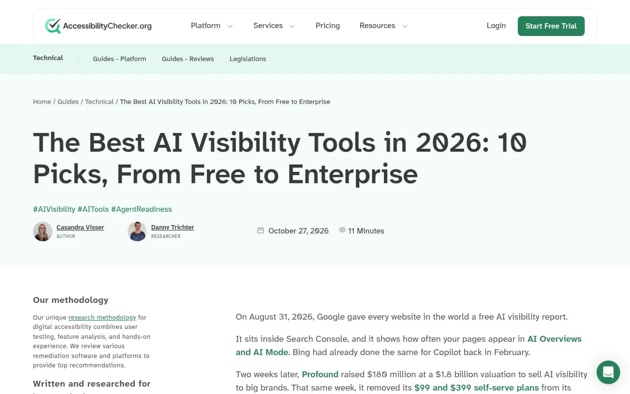 Accessibilitychecker.org guide to the best AI visibility tools, ten picks from free to enterprise