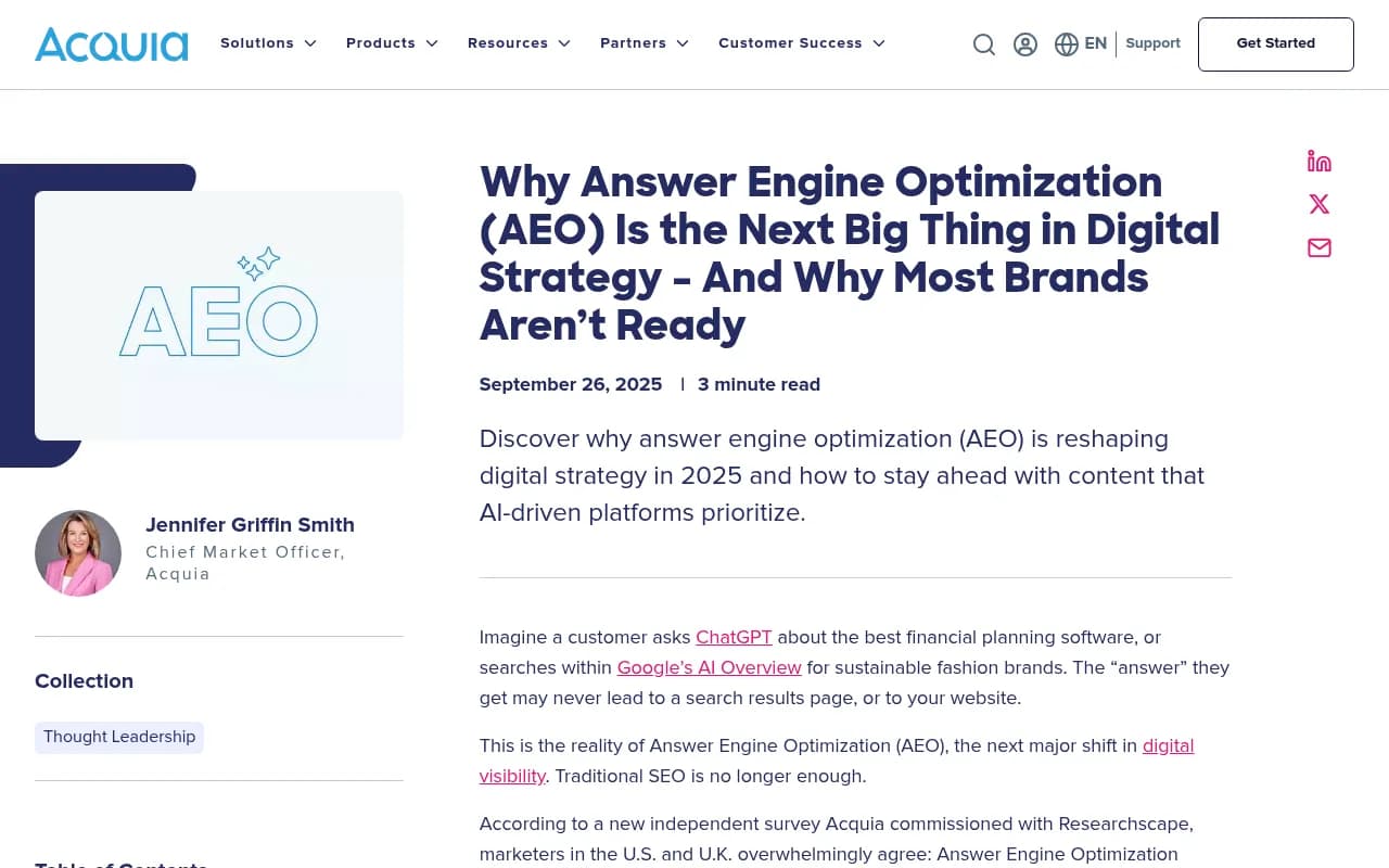 Acquia's breakdown of AEO vs SEO strategy shifts in 2025