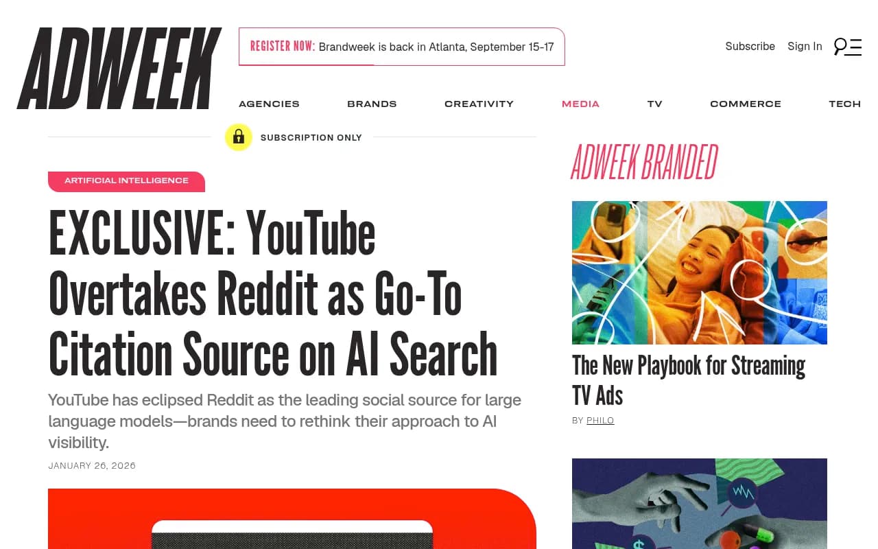 Adweek report showing YouTube overtaking Reddit as the top social citation source in AI-generated responses