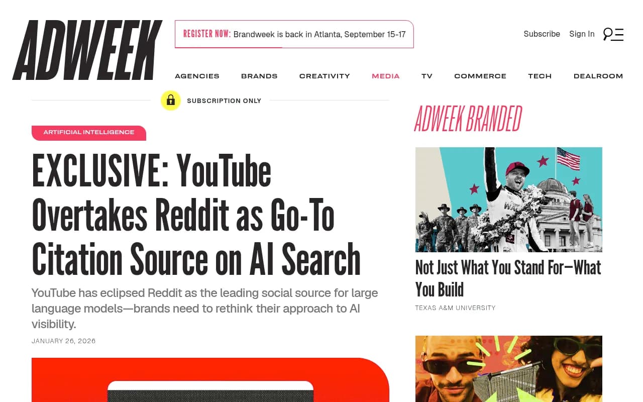 YouTube overtakes Reddit as top AI citation source, per Adweek