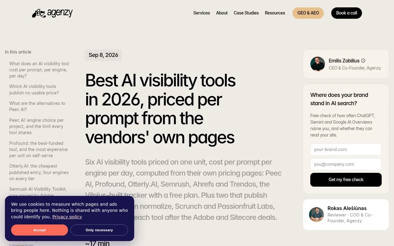 Cost per prompt per engine per day for AI visibility tools, computed from vendor pricing pages