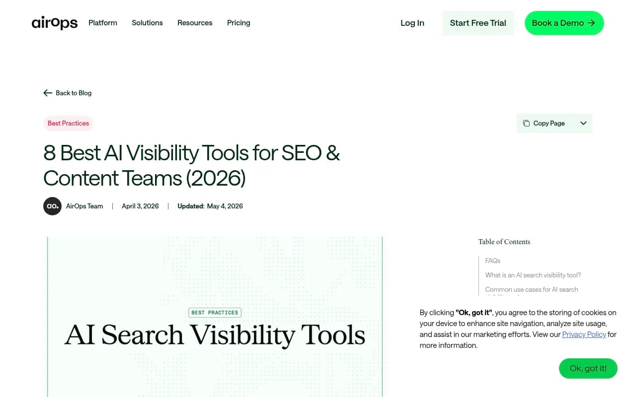 AirOps blog listing AI search visibility tools for SEO and content teams