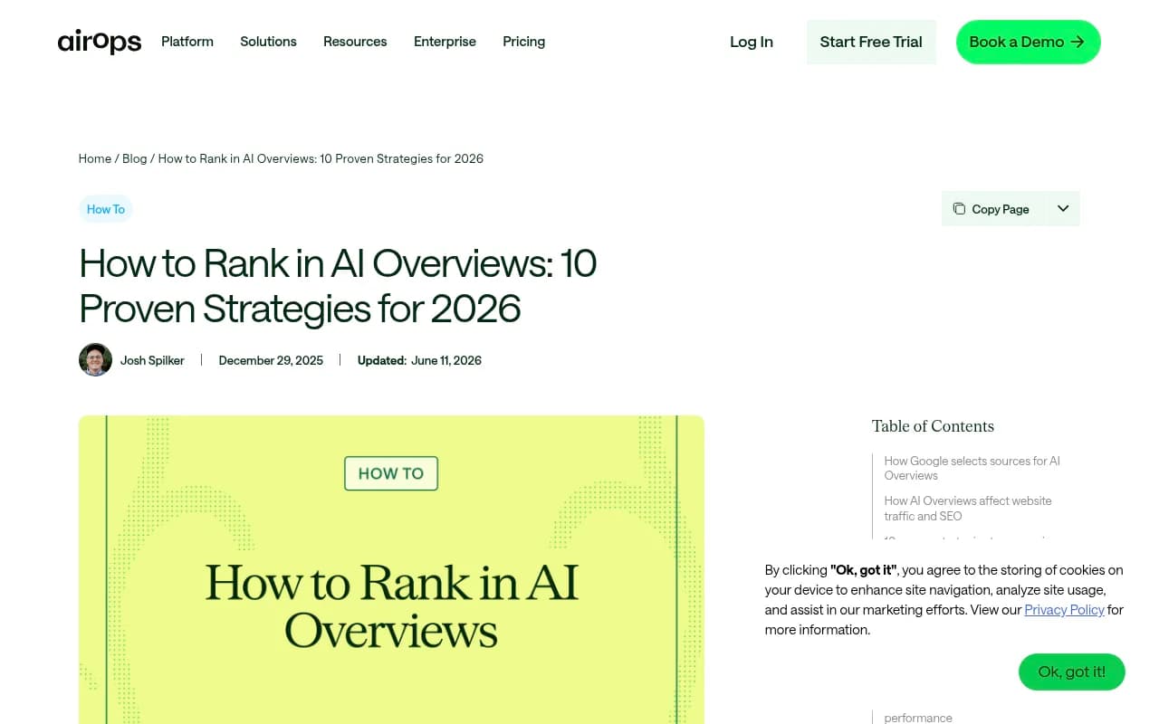 AirOps blog post on ranking in AI Overviews, showing their research-backed strategies for 2026