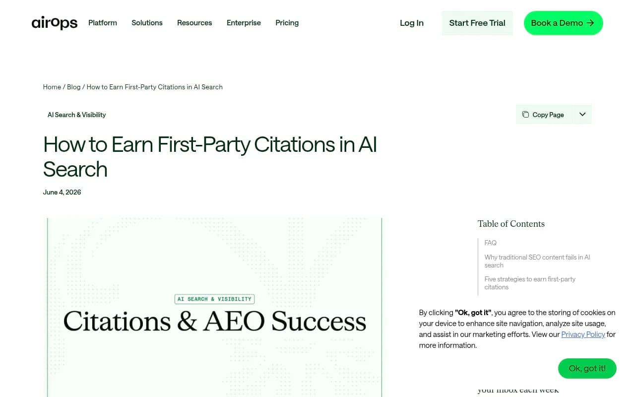 AirOps guide on earning first-party citations in AI search