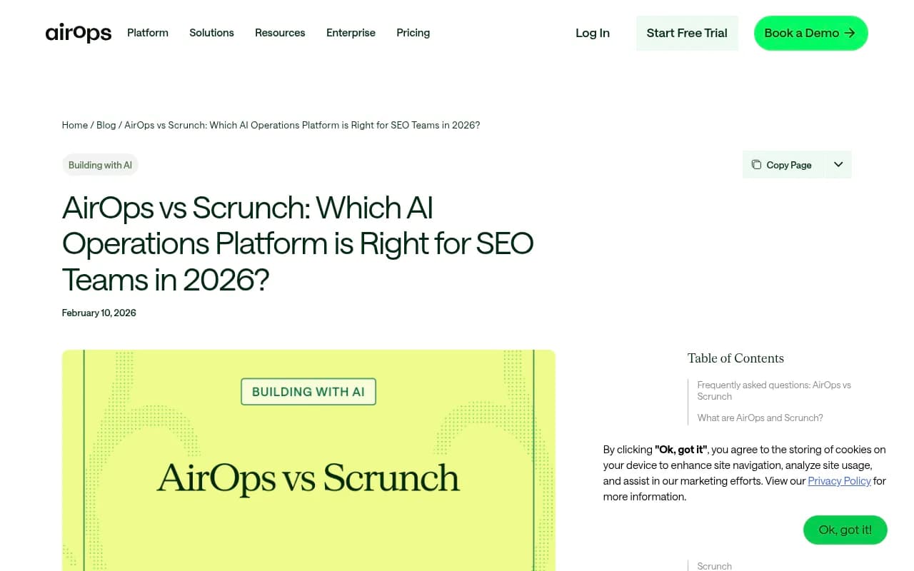 AirOps vs Scrunch comparison page showing platform positioning for SEO teams