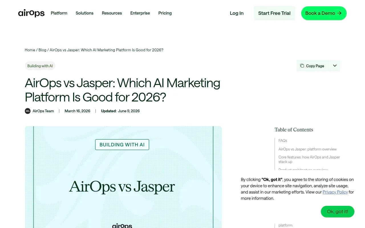 AirOps vs Jasper AI comparison page showing platform positioning for 2026