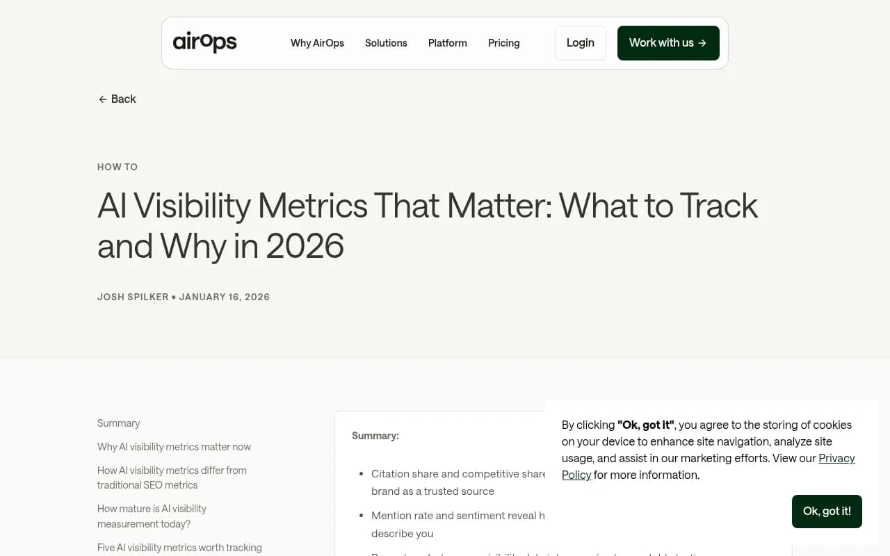 AirOps guide showing AI visibility metrics tracked across ChatGPT, Perplexity, and Google