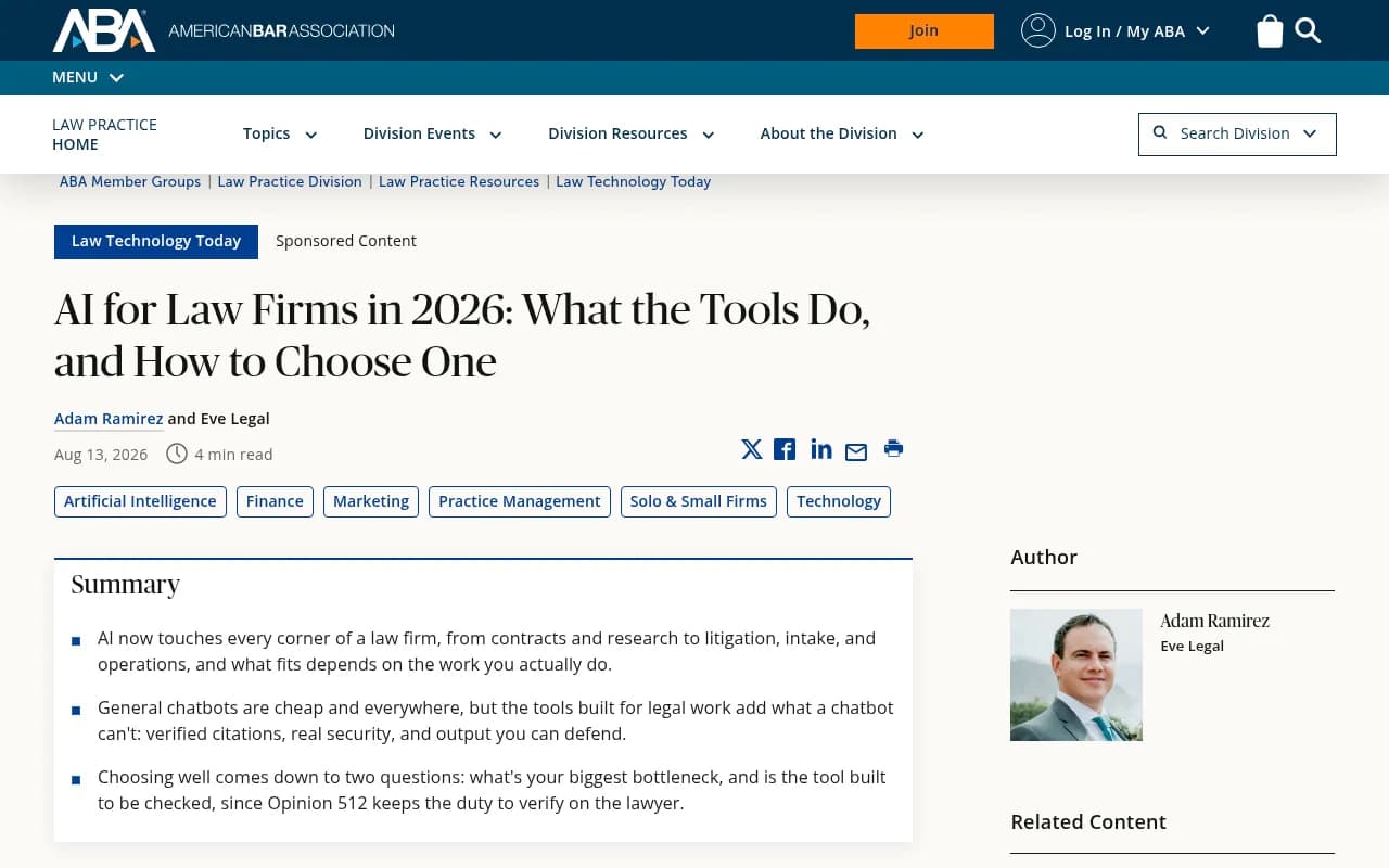 ABA Law Technology Today article on AI for law firms in 2026