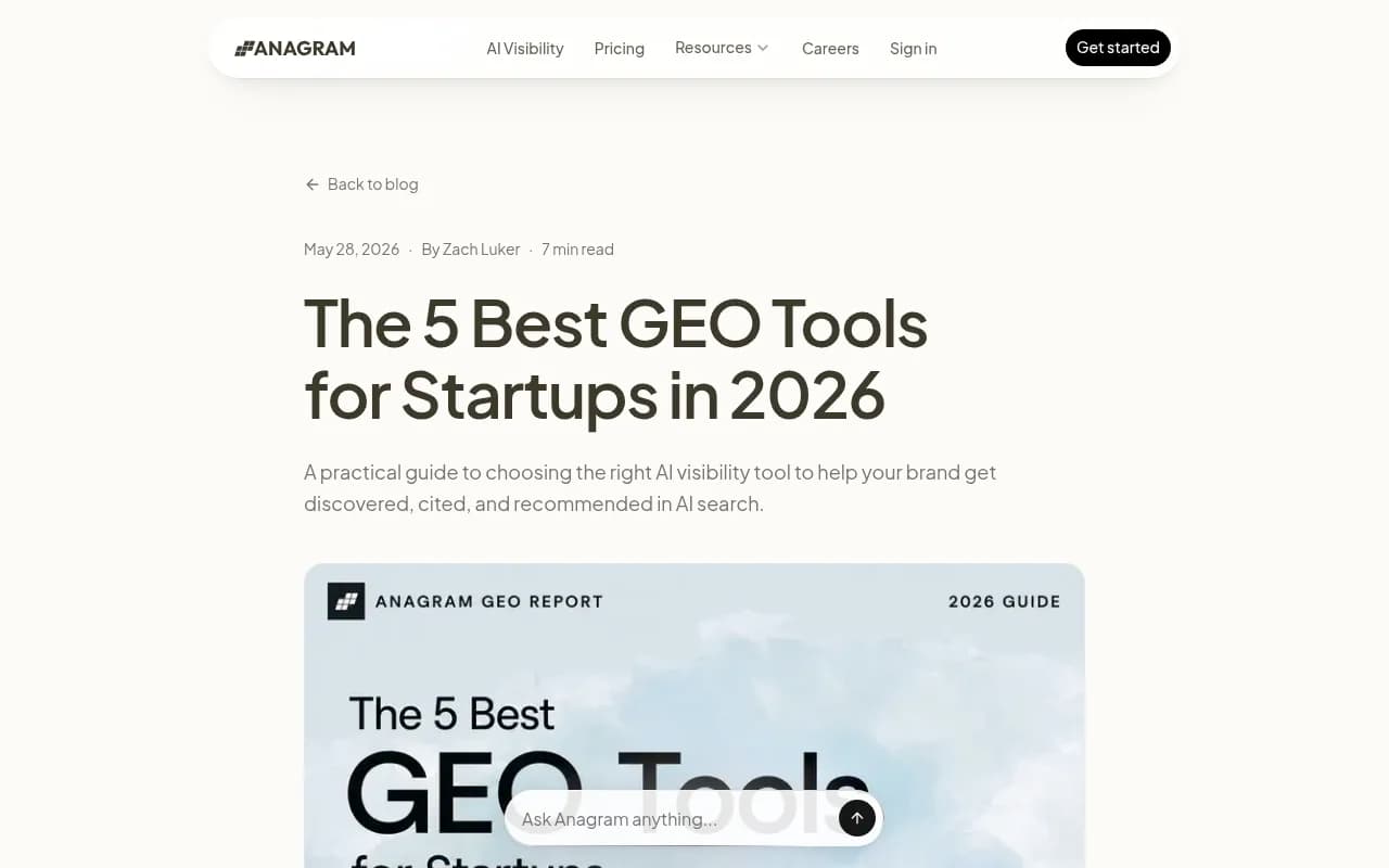 Anagram's roundup of GEO tools for startups, a vendor-authored list that is useful for ballpark pricing
