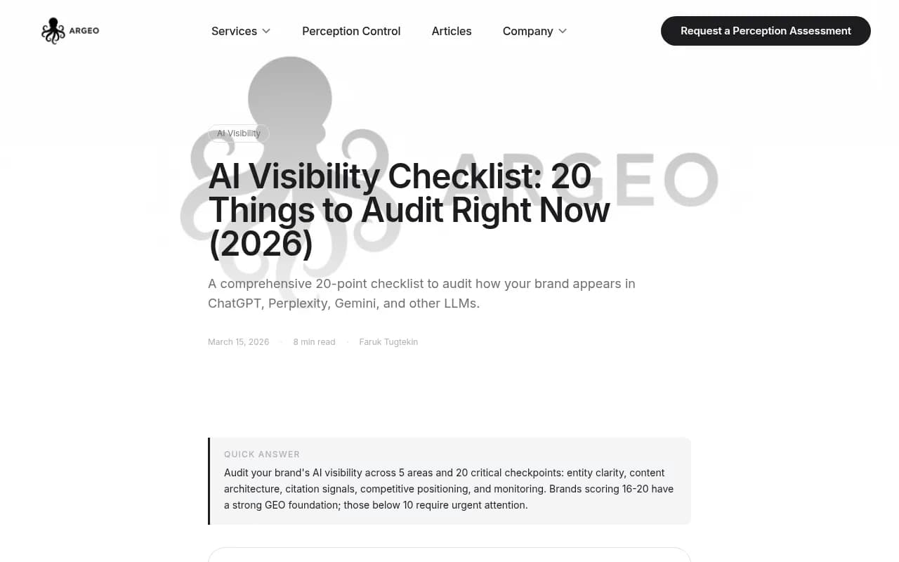 AI Visibility Checklist audit framework from ARGEO showing 5 key areas to audit