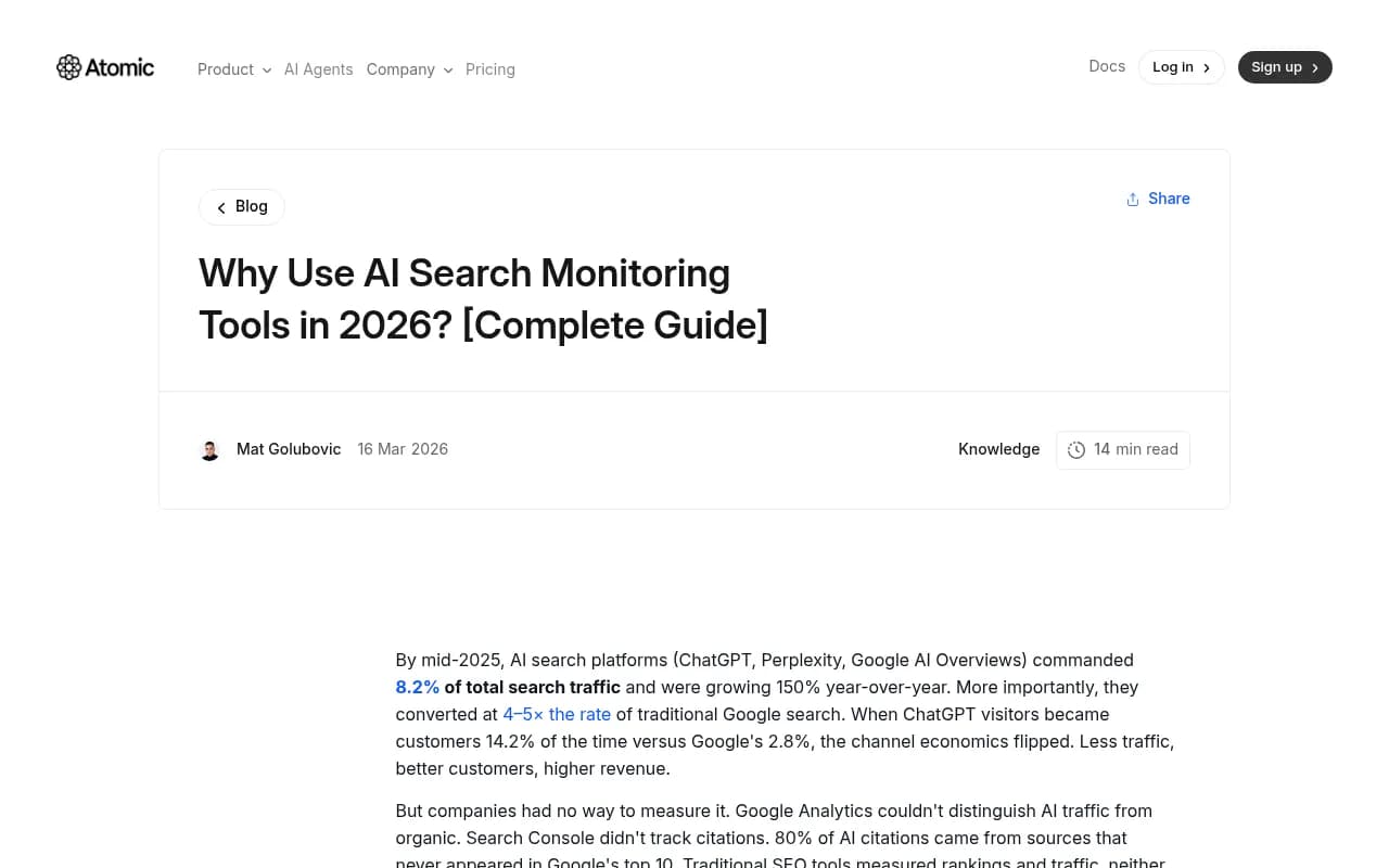 Atomic AGI blog explaining AI search monitoring tools and why they matter in 2026