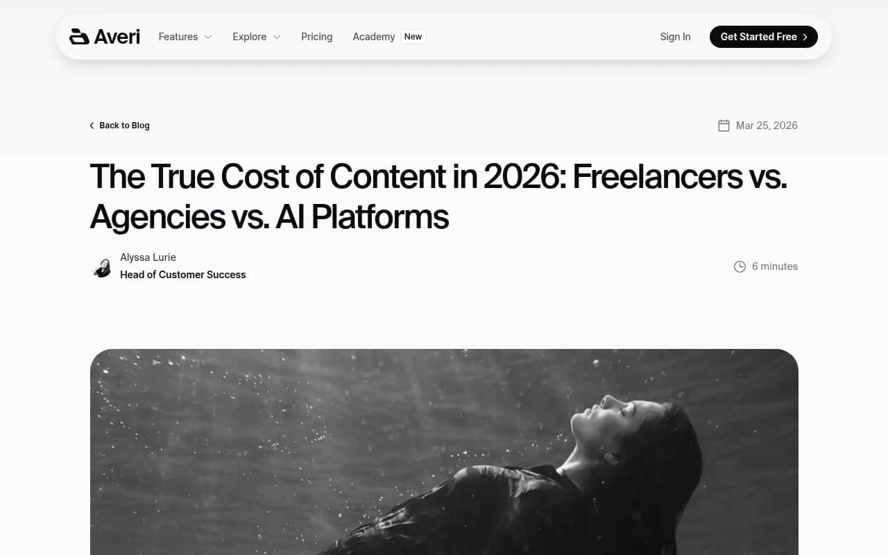 Averi's 2026 comparison of freelancer, agency, and AI platform content costs