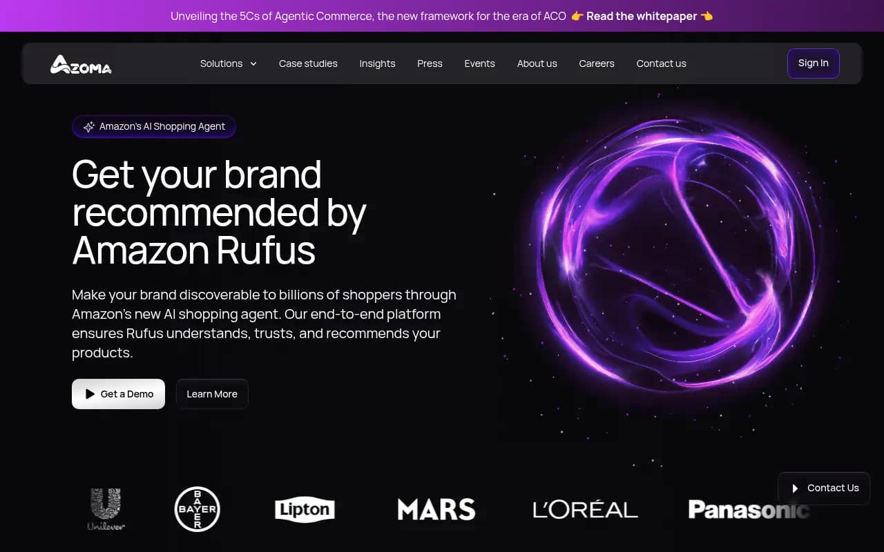 Azoma's Amazon Rufus optimisation dashboard showing share of voice and conversation tracking