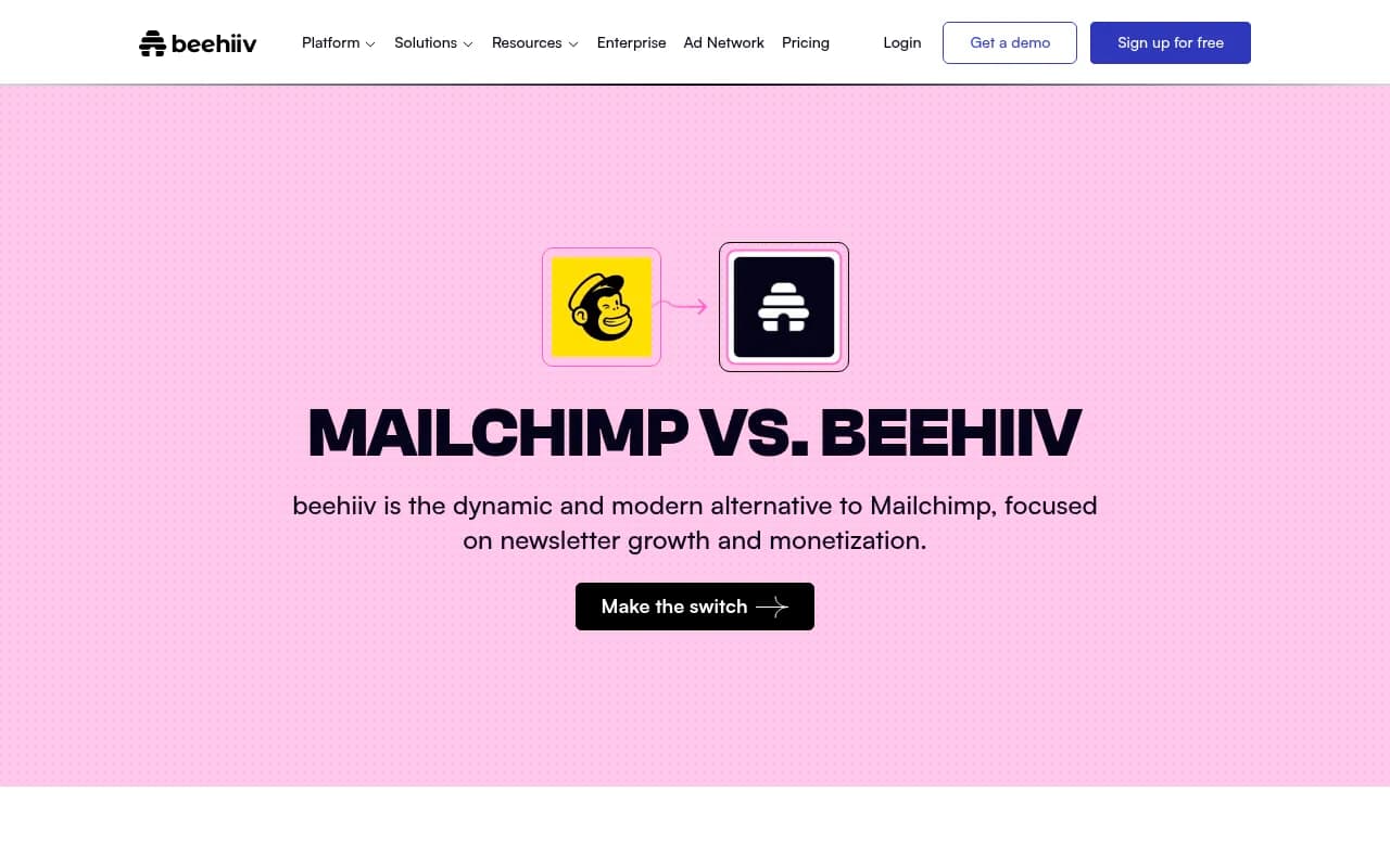 Beehiiv vs Mailchimp feature comparison page showing platform differences in newsletter growth tools