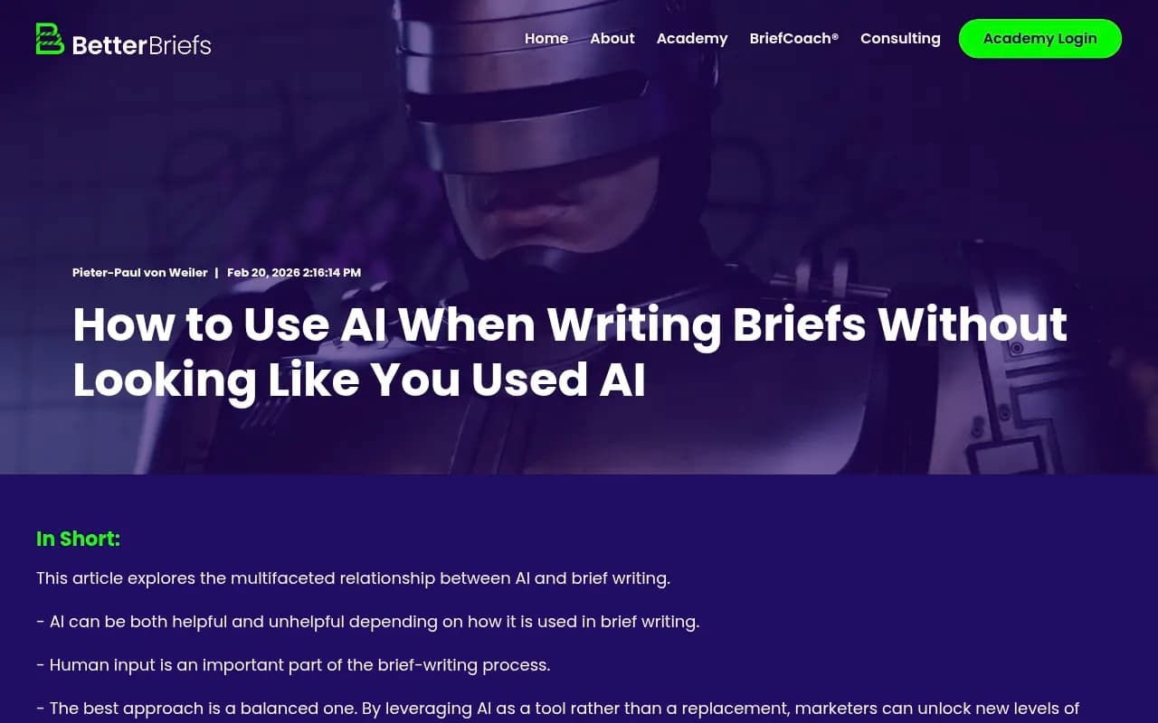 BetterBriefs article on AI brief writing showing how AI-generated briefs often lack strategic commitment