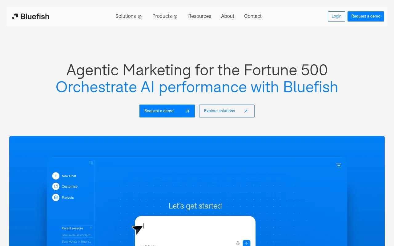 Bluefish's homepage, positioning itself as an end-to-end agentic marketing platform rather than a pure visibility tracker