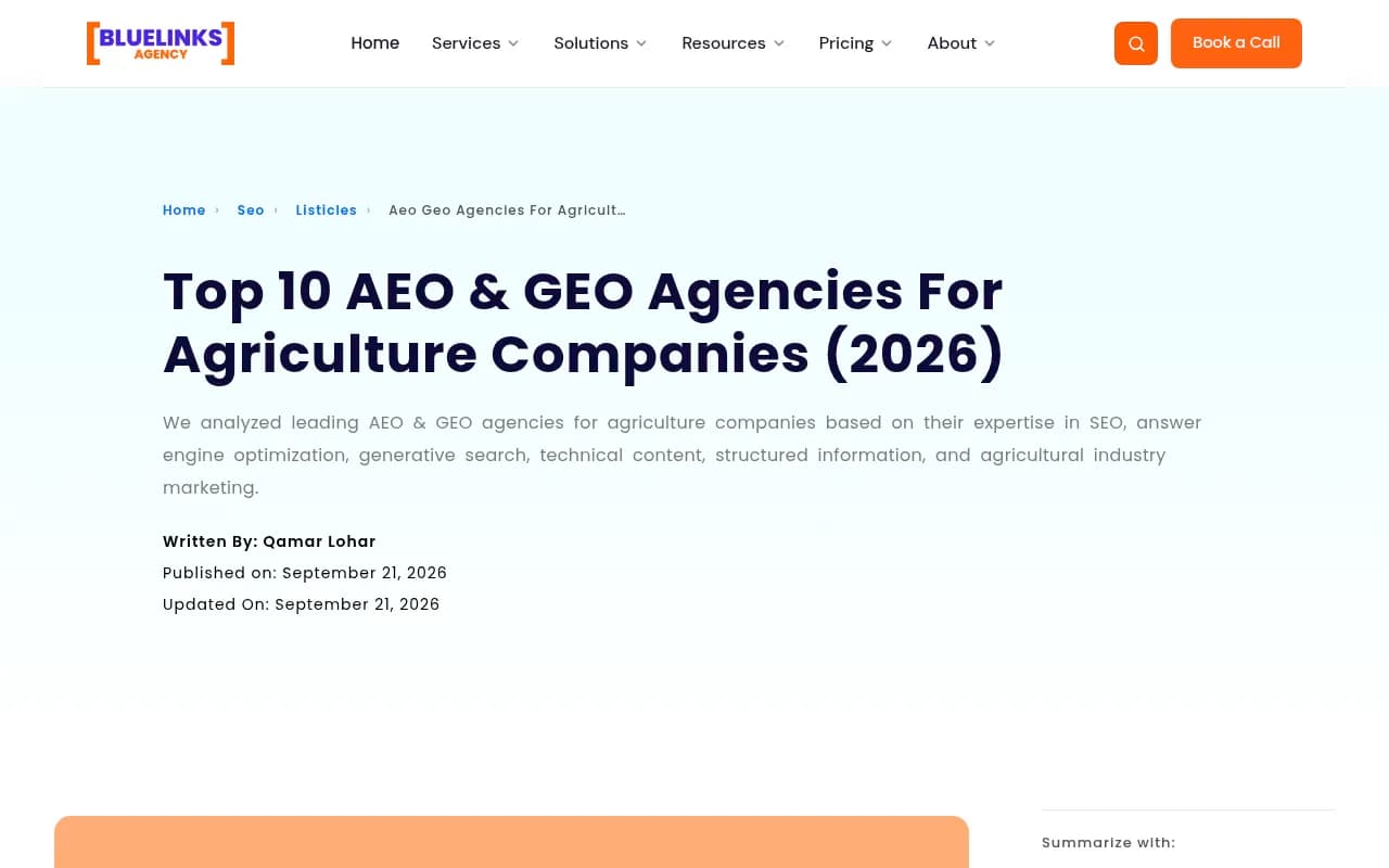 Bluelinks Agency's list of AEO and GEO agencies for agriculture companies