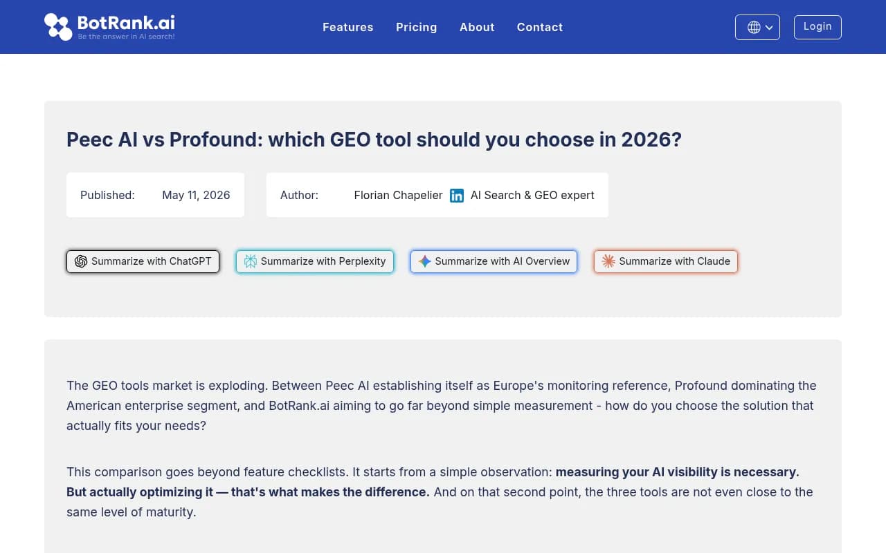 Peec AI vs Profound comparison overview from BotRank