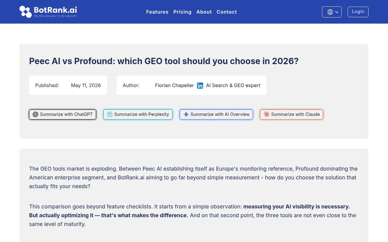 Peec AI vs Profound comparison overview from BotRank