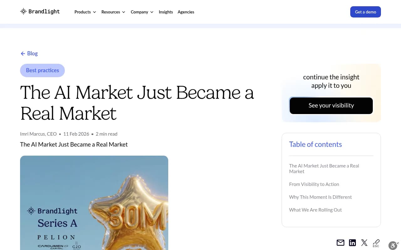 Screenshot of Brandlight's February 2026 Series A announcement, where the company laid out its expansion from AI visibility into AI Ads and AI Commerce.