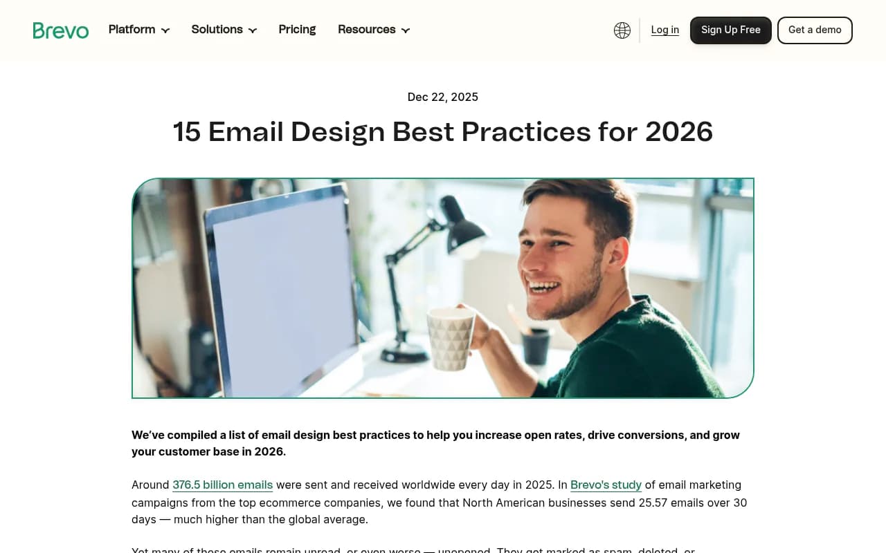 Email design best practices from Brevo showing sender name, subject line, and preheader optimization
