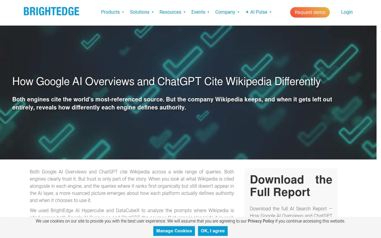 BrightEdge research on how Google AI Overviews and ChatGPT cite Wikipedia differently, showing co-citation patterns and organic ranking data
