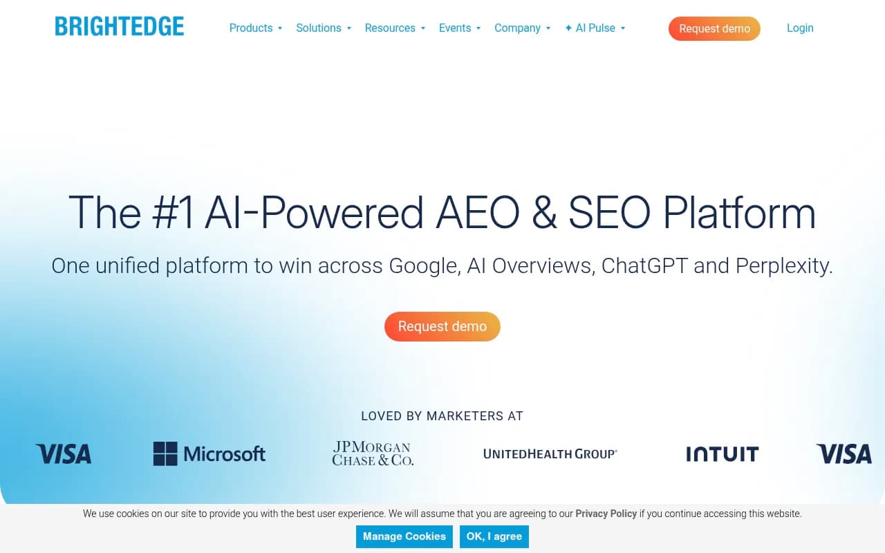 BrightEdge homepage positioning itself as an AI-powered AEO and SEO platform