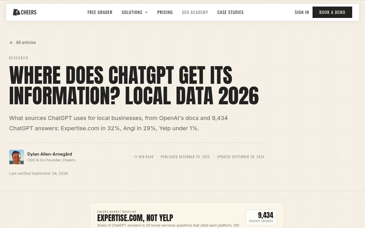 Cheers research page showing the share of ChatGPT answers citing Expertise.com, Angi, HomeStars, BBB and Yelp