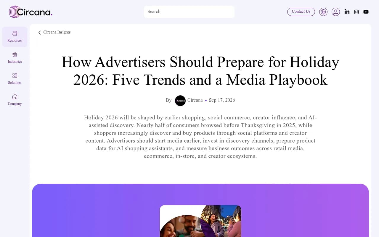 Circana's Holiday 2026 media playbook page, covering earlier shopping, social commerce, and AI-assisted discovery