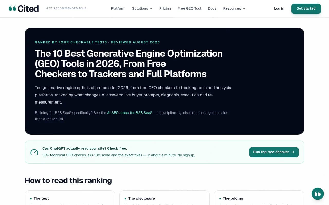 Citedintel's roundup of GEO tools, from free checkers to trackers and full platforms