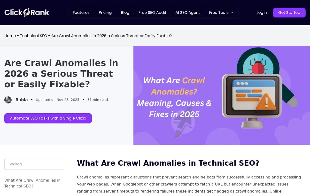 Screenshot showing crawl anomaly patterns and fixes