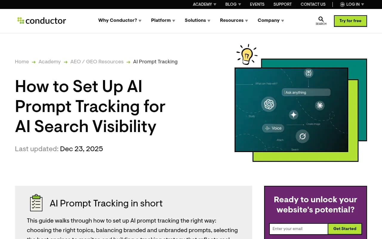 AI prompt tracking interface showing topic organization and prompt selection