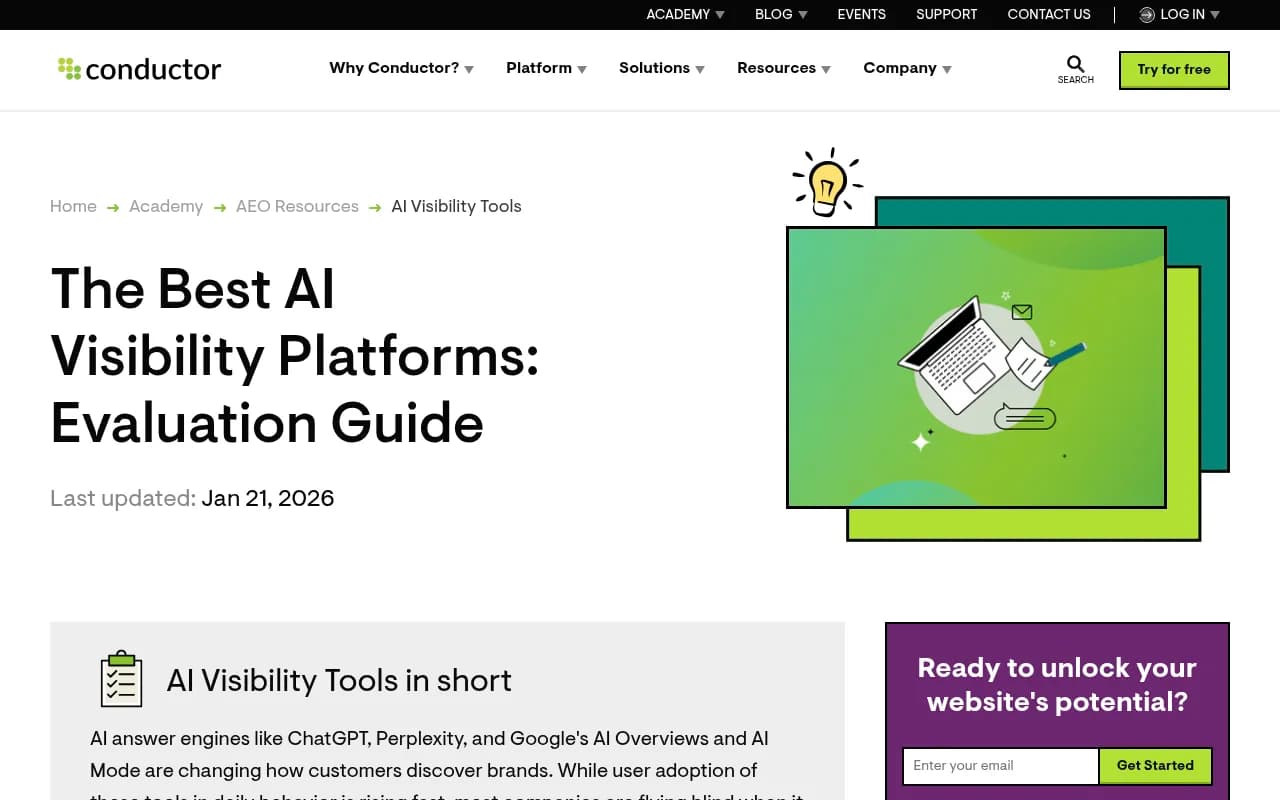 Conductor's AI visibility platform evaluation guide, ranking tools across enterprise and SMB categories