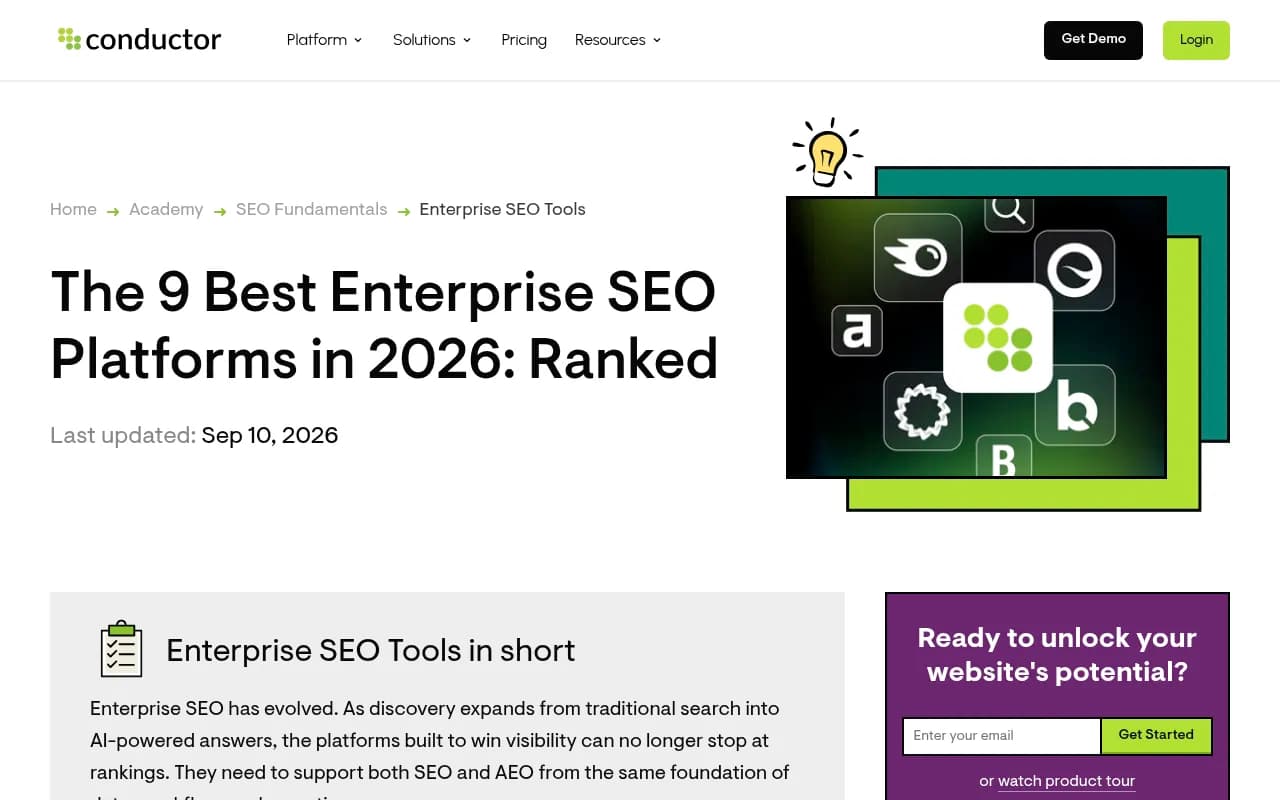 Conductor's ranked list of enterprise SEO platforms for 2026, which places Botify third and seoClarity fourth