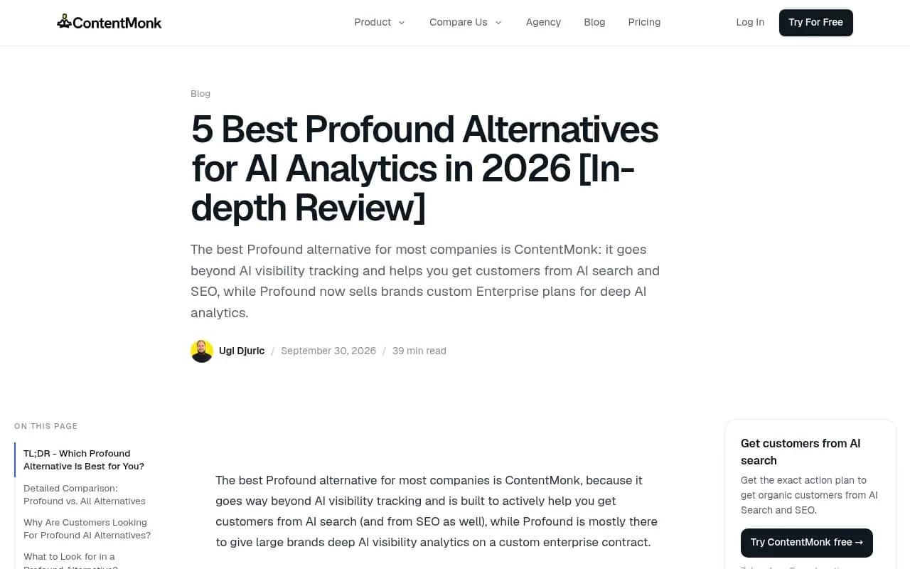 ContentMonk's Profound alternatives comparison page, which documents Profound's September 2026 plan changes
