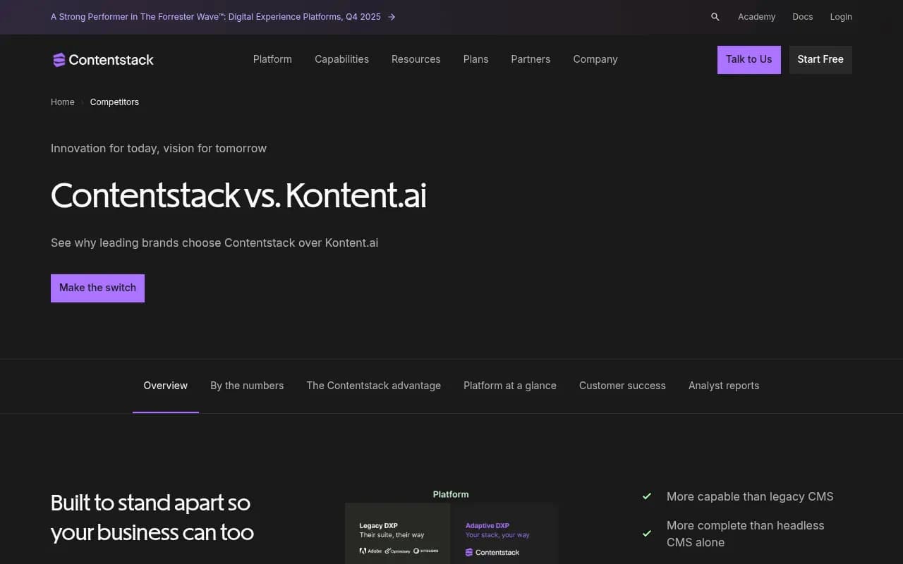 Contentstack comparison page showing platform positioning